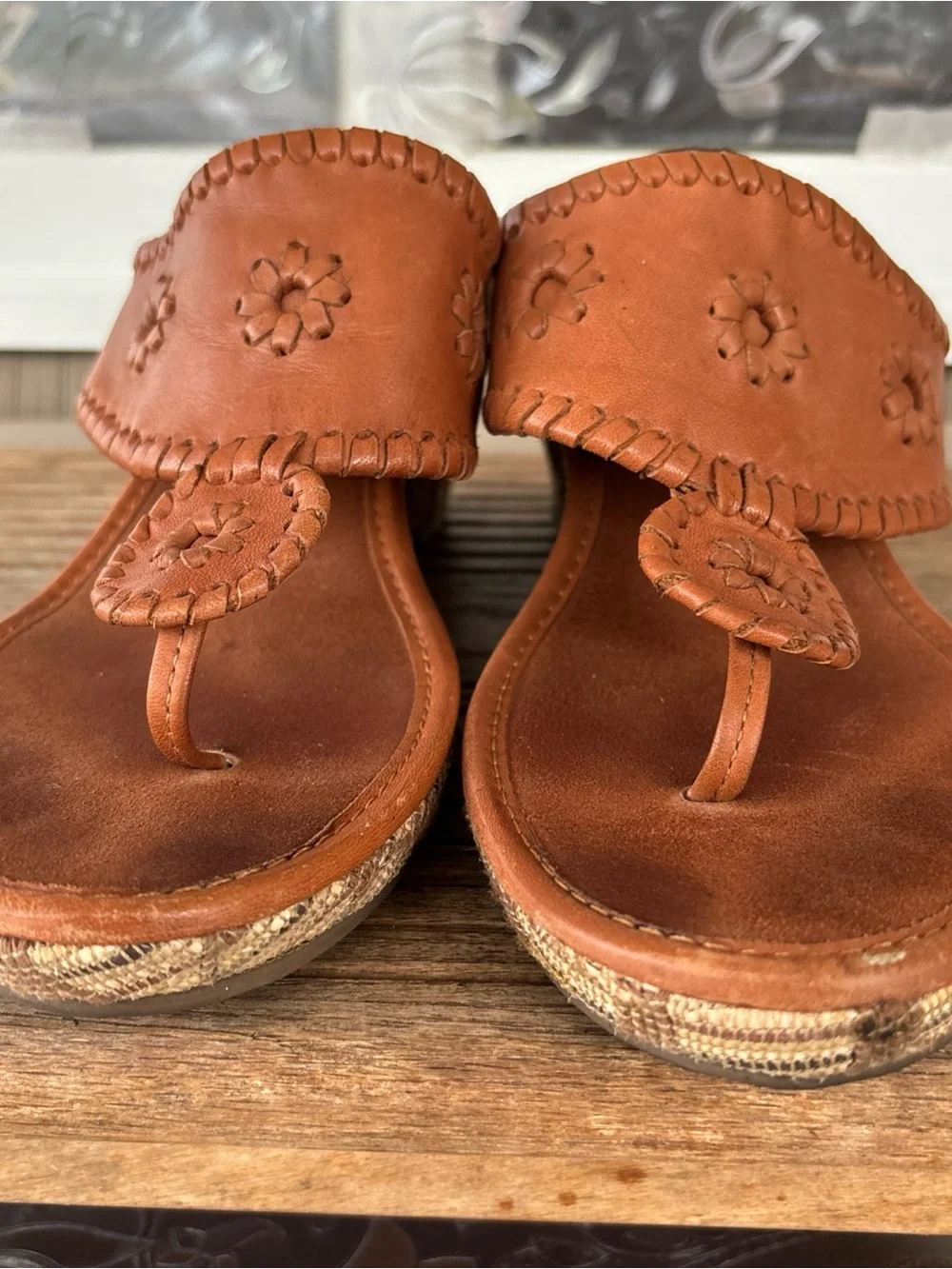 Jack Rogers Cognac Leather Wedge Thong Sandals Women’s 10